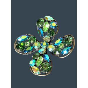 Vintage Regency Designer Signed Rhinestone Clover Brooch Green & Blue 2" Pin
